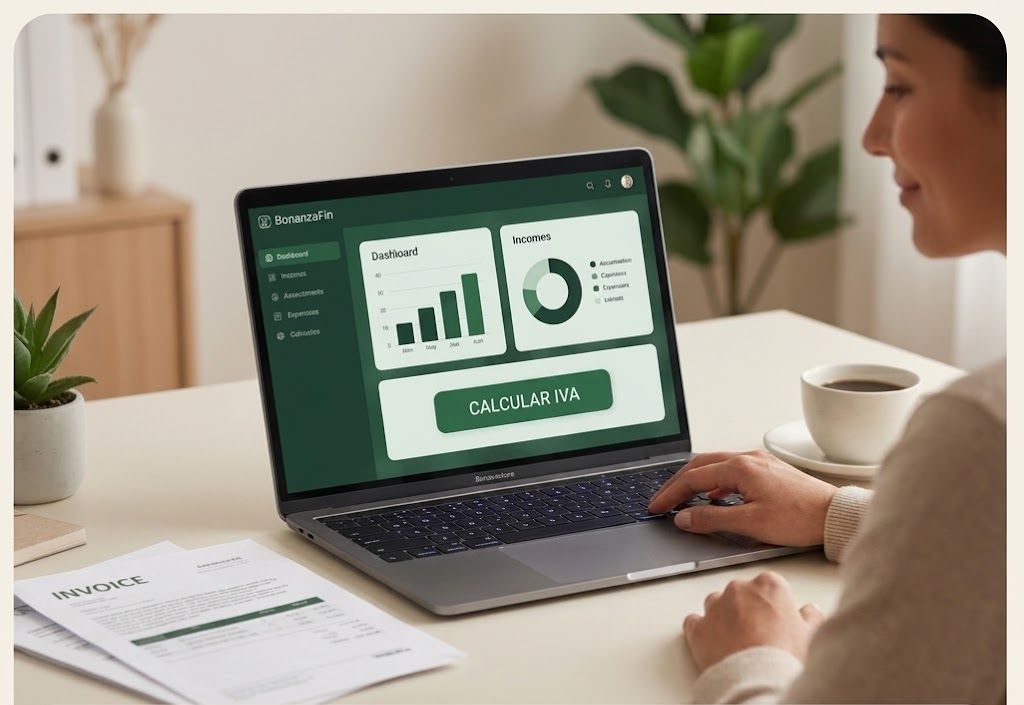 Autónoma consultando el dashboard de Suimo en su portátil, con facturas en papel sobre la mesa